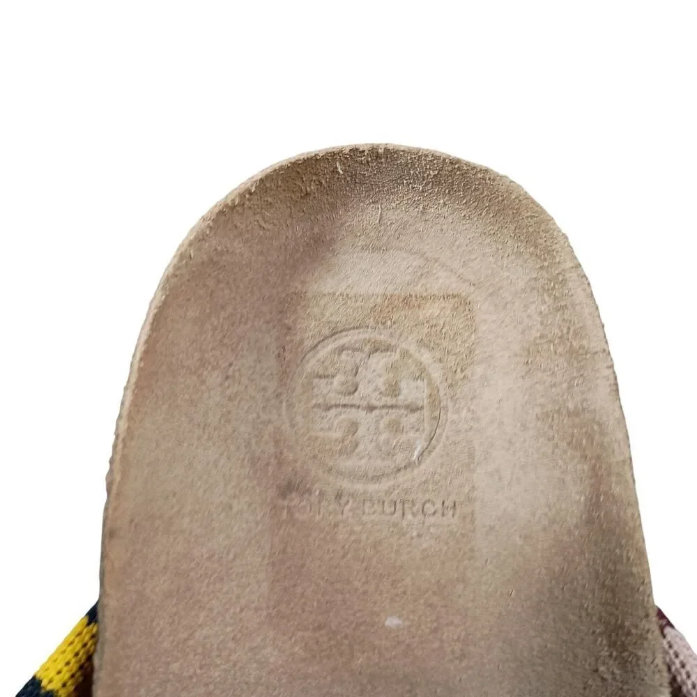 Tory Burch Corey Sandal Flat Patchwork Twist Striped Textile Leather Womens 5